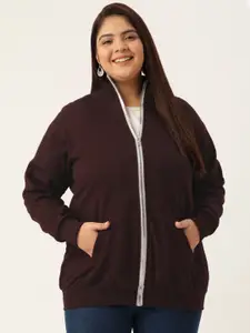 theRebelinme Women Plus Size Burgundy  Fleece Solid Sweatshirt