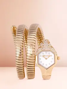 Just Cavalli Women White Embellished Dial & Gold-Toned Strap Analogue Watch JC1L193M0025