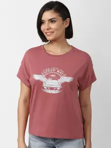 FOREVER 21 Women Rust Pink Printed Drop-Shoulder Sleeves T-shirt