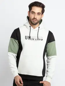 Status Quo Men Off White & Sea Green Colourblocked Cotton Hooded Sweatshirt