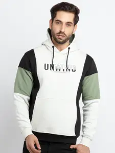 Status Quo Men Off White & Sea Green Colourblocked Cotton Hooded Sweatshirt