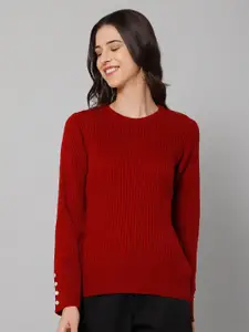 Cantabil Women Maroon Cable Knit Wool Pullover