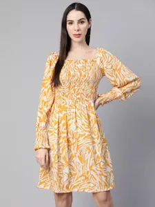 plusS White & Mustard Yellow Smocked Printed Dress