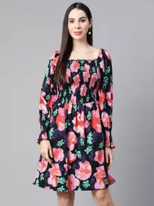 plusS Black Smocked Floral Printed Dress