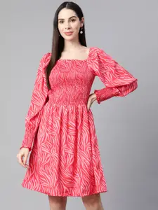 plusS Pink Smocked Printed Fit & Flare Dress