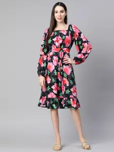 plusS Black Floral Printed Fit & Flare Dress