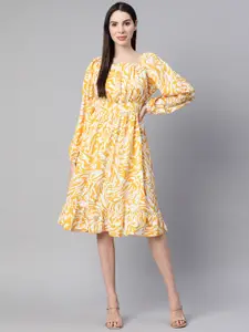 plusS White & Mustard Yellow Printed Fit & Flare Dress