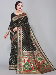 Satrani Black & Gold-Toned Ethnic Motifs Zari Paithani Saree