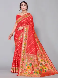 Satrani Red & Gold-Toned Floral Zari Paithani Saree