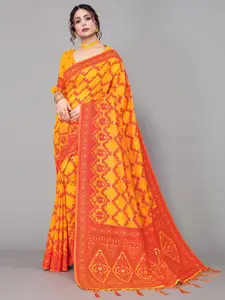 Satrani Yellow & Pink Ethnic Motifs Zari Banarasi Saree