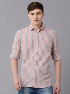 CAVALLO by Linen Club Men Orange & Blue Striped Linen Regular Fit Casual Shirt