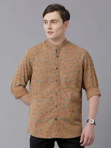 CAVALLO by Linen Club Men Brown Floral Printed Linen Regular Fit Casual Shirt
