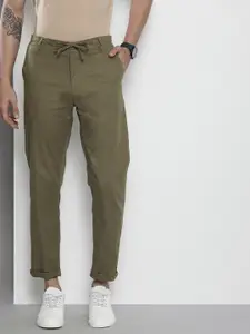 The Indian Garage Co Men Olive Green Slim Fit Linen Blend Trousers
