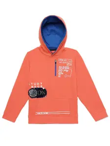 UNDER FOURTEEN ONLY Boys Orange Typography Printed Cotton Hooded Sweatshirt