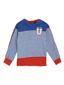 UNDER FOURTEEN ONLY Boys Blue & Red Striped Hooded Cotton Sweatshirt