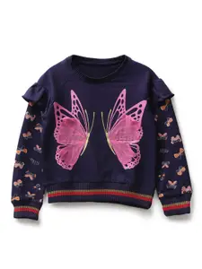 UNDER FOURTEEN ONLY Girls Navy Blue Graphic Printed & Applique Cotton Sweatshirt