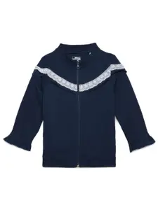 UNDER FOURTEEN ONLY Girls Navy Blue Lace Detailed Front Open Cotton Sweatshirt