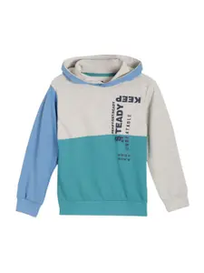 UNDER FOURTEEN ONLY Boys Off White & Turquoise Blue Colourblocked Hooded Cotton Sweatshirt