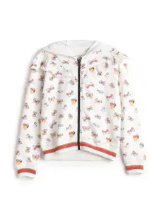 UNDER FOURTEEN ONLY Girls Off White Printed Front Open Hooded Cotton Sweatshirt