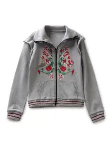 UNDER FOURTEEN ONLY Girls Grey Melange Floral Embroidered Cotton Sweatshirt