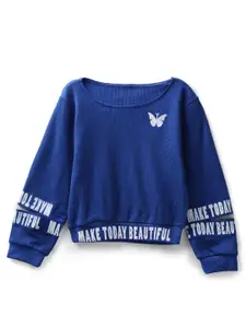 UNDER FOURTEEN ONLY Girls Blue Typography Printed Cotton Sweatshirt