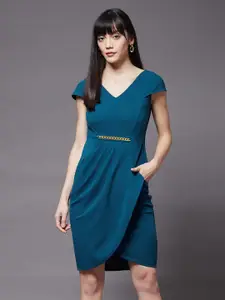 Miss Chase Teal Blue Premium Polyknit Overlap Dress