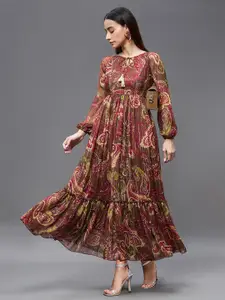 Miss Chase Maroon & Beige Ethnic Motifs Tie-Up Neck Chiffon Maxi Dress