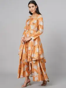 SCORPIUS Women Mustard Yellow Floral Ethnic Maxi Maxi Dress