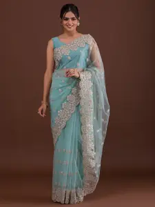 Koskii Green & Silver-Toned Floral Embroidered Supernet Saree