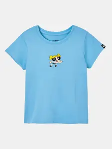 The Souled Store Girls Blue Powerpuff Girls: Bubbles Printed Pure Cotton T-shirt
