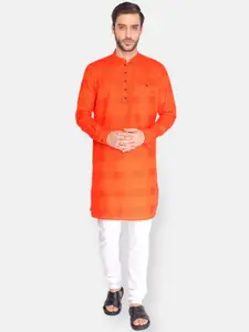 NAMASKAR Men Orange Checked Cotton Kurta