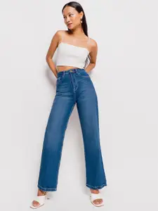 FREAKINS Women Blue Cotton Straight Fit High-Rise Light Fade Jeans