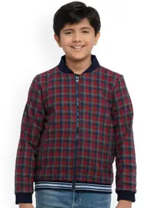 UNDER FOURTEEN ONLY Boys Red & Navy Blue Checked Bomber Jacket