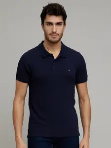 Celio Men Navy Blue Polo Collar Slim Fit Cotton T-shirt