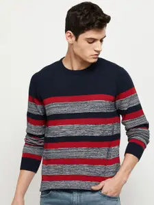max Men Blue & Red Striped Pure Cotton Pullover
