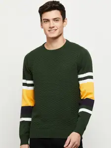 max Men Green & Yellow Striped Pure Cotton Pullover