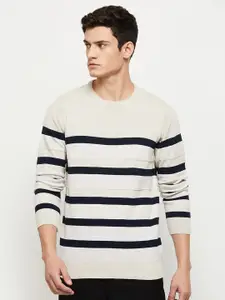 max Men Beige & Black Striped Pure Cotton Pullover