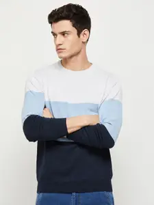 max Men Blue & White Colourblocked Pullover