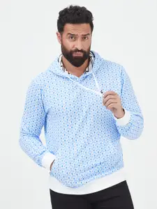 MR BUTTON Men Blue Printed Hooded Sweatshirt