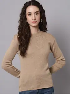 BROOWL Women Beige Ribbed Wool Sweater