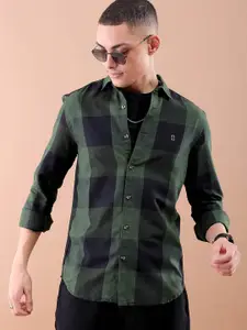 The Indian Garage Co Men Olive Green Grid Tattersall Checked Pure Cotton Casual Shirt