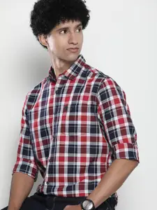 The Indian Garage Co Men Navy Blue & Red Gingham Checked Pure Cotton Casual Shirt