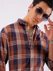 The Indian Garage Co Men Brown & White Tartan Checked Casual Shirt