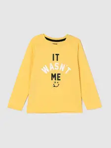 max Boys Yellow Typography Printed Cotton Long Sleeves T-shirt