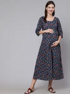 Nayo Women Navy Blue & Red Floral Maternity A-Line Midi Dress