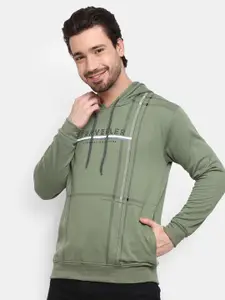 V-Mart Men Olive Green Typography Printed Hooded Fleece Sweatshirt