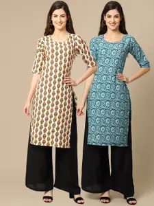 7Threads Women Pack Of 2 Beige & Sea Green Printed Crepe Straight  Kurta