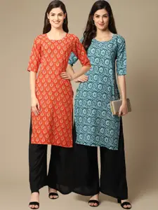 7Threads Women Pack Of 2 Orange & Blue Geometric Printed Crepe Kurta
