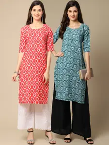 7Threads Women Pack of 2 Red & Blue Ethnic Motifs Printed Crepe Kurta