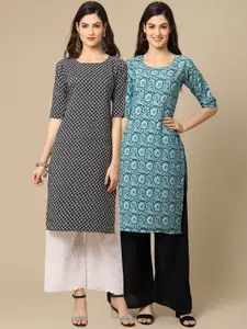 7Threads Women Pack of 2 Ethnic Motifs Printed Crepe Kurtas